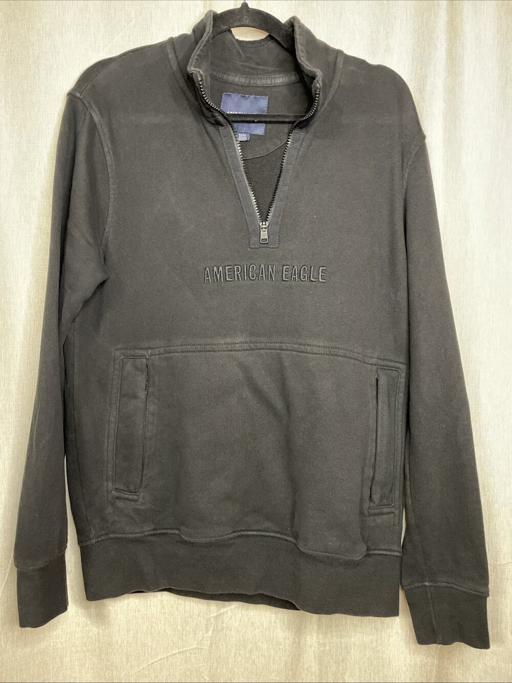 American Eagle Hoodie Men’s S Front Zipper Pocket Neck Zipper Black Embroidered